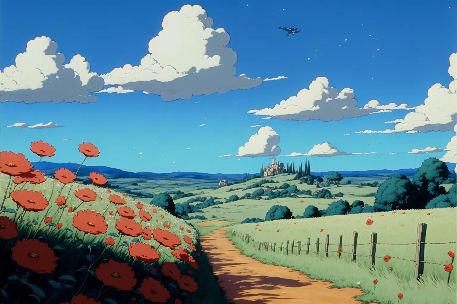 DVD screengrab from studio ghibli movie, beautiful countryside with poppies in the foreground, clouds on blue sky, directed by Hayao Miyazaki, retro anime